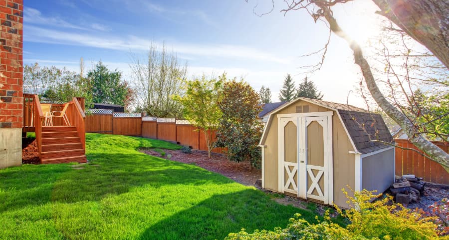 Fenced backyard with storage shed in Bakersfield